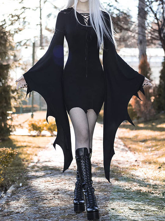 Unleash Your Inner Enchantress with our Gothic Black Forest Bat Wing Dress - Perfect for Halloween and Cosplay Parties!