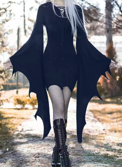 Unleash Your Inner Enchantress with our Gothic Black Forest Bat Wing Dress - Perfect for Halloween and Cosplay Parties!