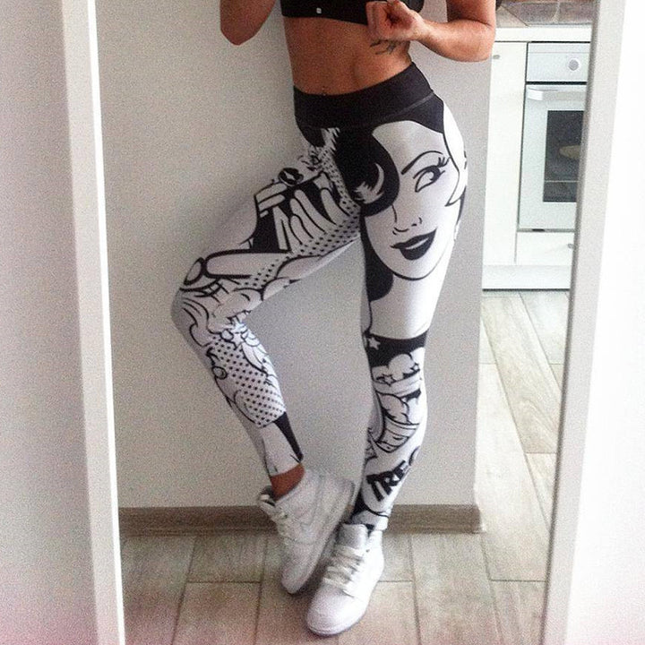 Bold and Huge Graphics I love squats with Lady face Black and White Leggings