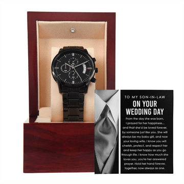 To My Son-in-Law-Hold Her Hand-Metal Chronograph Watch Black Chronograph Watch with Mahogany Style Luxury Box with Message card