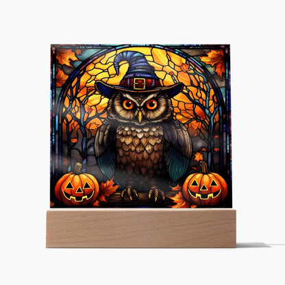 3D Lifelike Vibrant Halloween Painting of an Owl Wearing a Witch Hat with Lighted Pumpkins and Stained Glass Window on Acrylic Deco with LED Lights