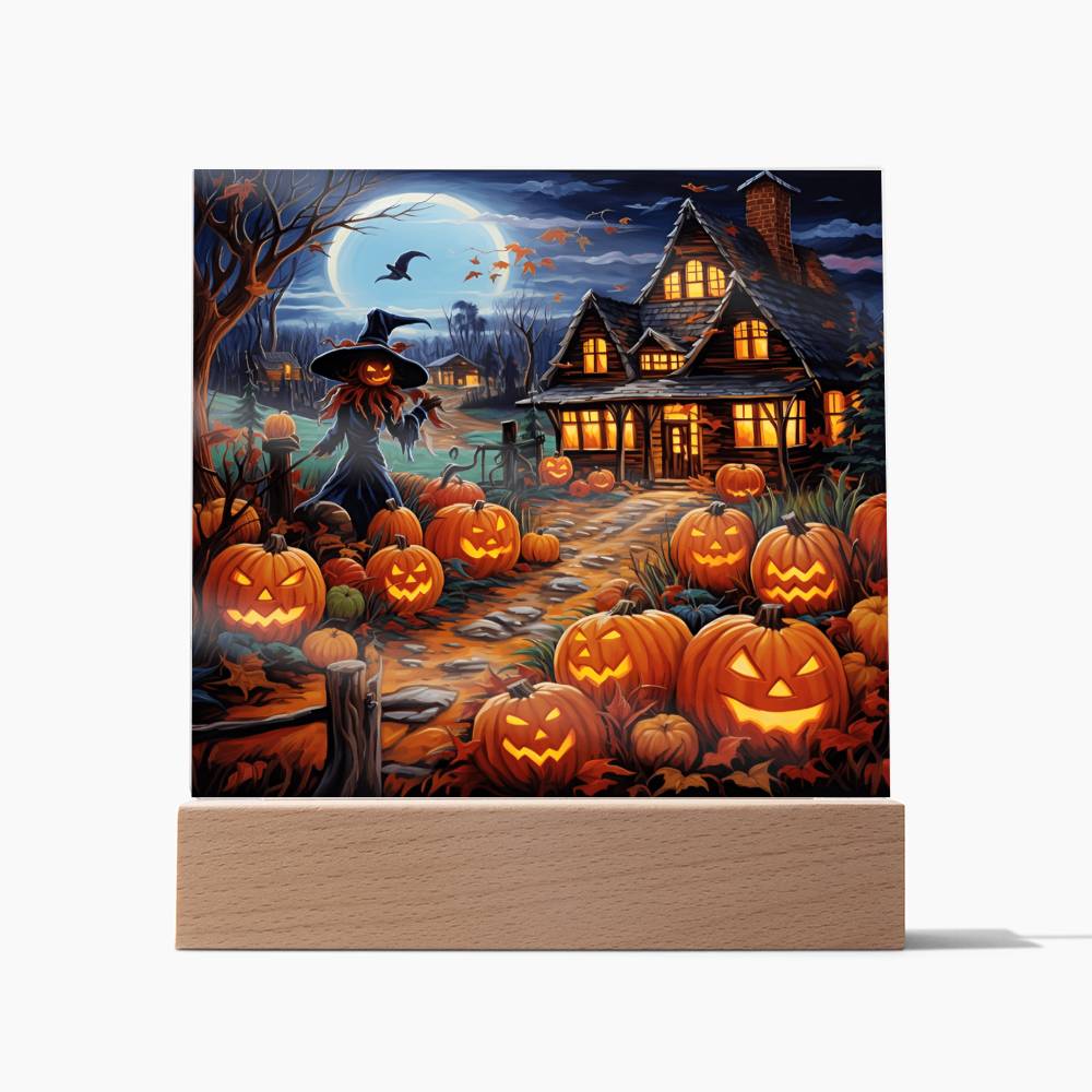 3D Lifelike Vibrant Halloween Painting of Lighted Pumpkins and Witch-Like Scarecrow on Acrylic Deco with LED Lights