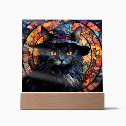 3D Lifelike Vibrant Halloween Painting of Black Cat Wearing a Witch Hat in a Stained Glass Window on Acrylic Deco with LED Lights