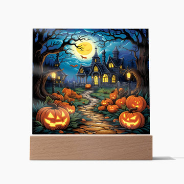 3D Lifelike Vibrant Halloween Painting of Lighted Pumpkins, Scarecrow, Haunted House, and Full Moon with Bats on Acrylic Deco with LED Lights