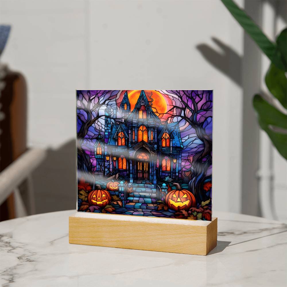 3D Lifelike Vibrant Halloween Painting of a Haunted Mansion with Eerie Welcoming Trees and Lighted Pumpkins on Acrylic Deco with LED Lights