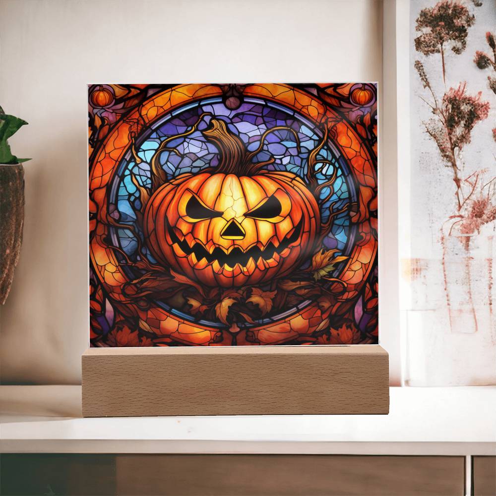 3D Lifelike Vibrant Halloween Painting of a Grinning Pumpkin Man Carrying a Lighted Pumpkin Lamp on Acrylic Deco with LED Lights