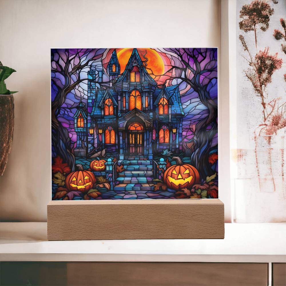 3D Lifelike Vibrant Halloween Painting of a Haunted Mansion with Eerie Welcoming Trees and Lighted Pumpkins on Acrylic Deco with LED Lights