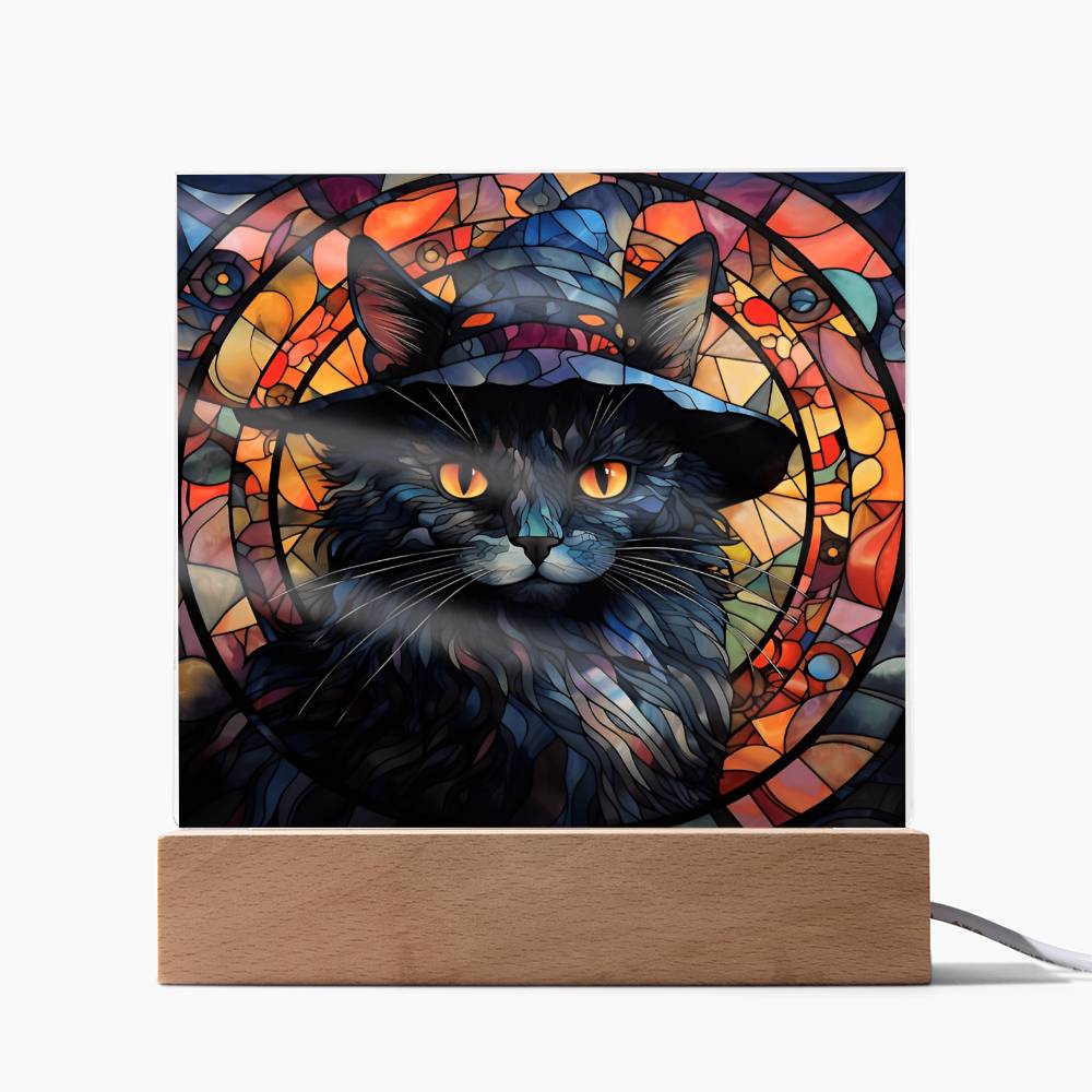 3D Lifelike Vibrant Halloween Painting of Black Cat Wearing a Witch Hat in a Stained Glass Window on Acrylic Deco with LED Lights