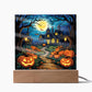 3D Lifelike Vibrant Halloween Painting of Lighted Pumpkins, Scarecrow, Haunted House, and Full Moon with Bats on Acrylic Deco with LED Lights