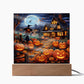 3D Lifelike Vibrant Halloween Painting of Lighted Pumpkins and Witch-Like Scarecrow on Acrylic Deco with LED Lights