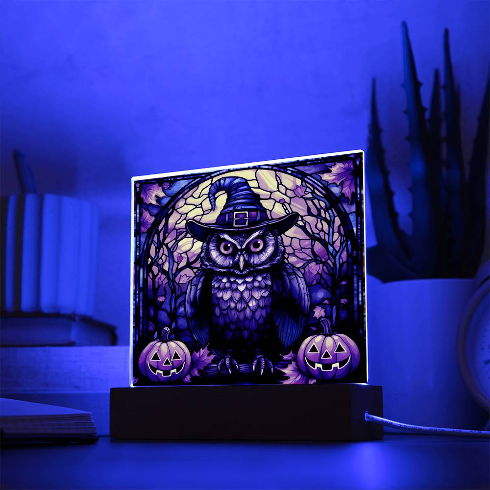3D Lifelike Vibrant Halloween Painting of an Owl Wearing a Witch Hat with Lighted Pumpkins and Stained Glass Window on Acrylic Deco with LED Lights