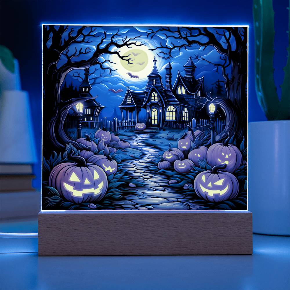 3D Lifelike Vibrant Halloween Painting of Lighted Pumpkins, Scarecrow, Haunted House, and Full Moon with Bats on Acrylic Deco with LED Lights