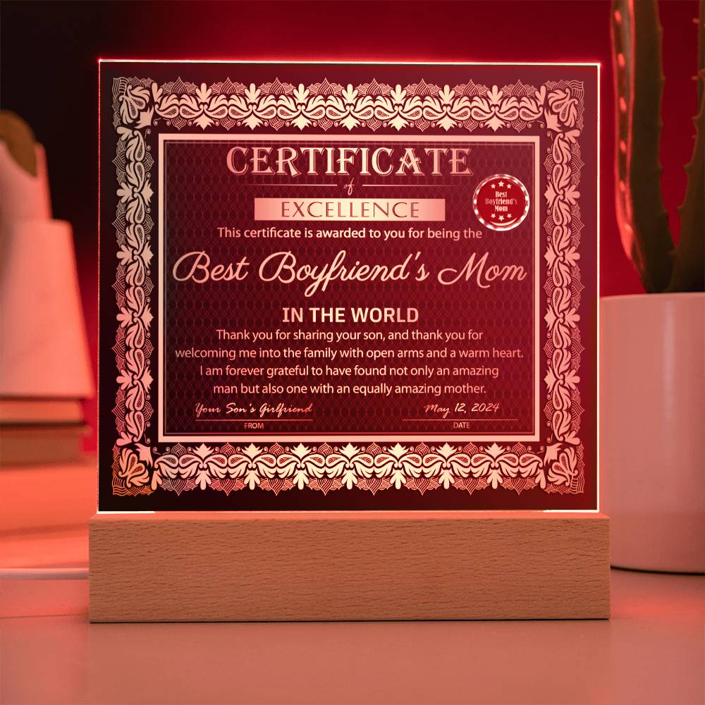 Certificate of Excellence - Best Boyfriend's Mom in the world, I'm forever grateful to have found not only an amazing man but also one with an equally amazing mother
