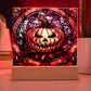 3D Lifelike Vibrant Halloween Painting of a Grinning Pumpkin Man Carrying a Lighted Pumpkin Lamp on Acrylic Deco with LED Lights