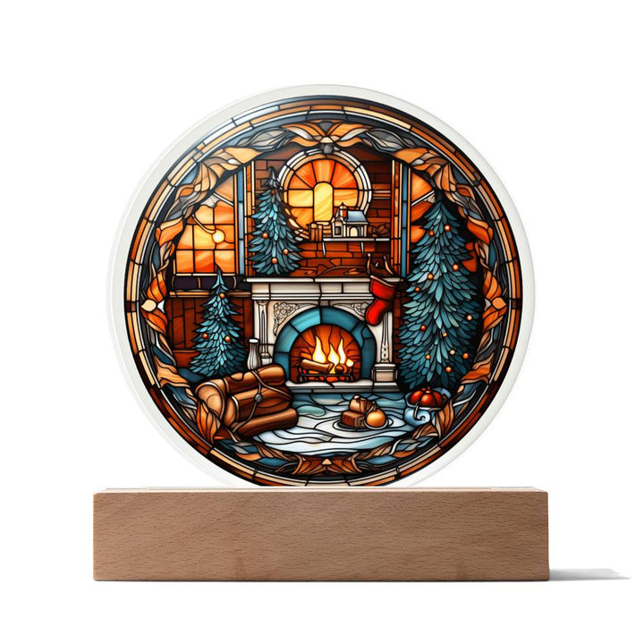 Xmas Stained glass-like painting with fireplace, thanksgiving, gift ideas