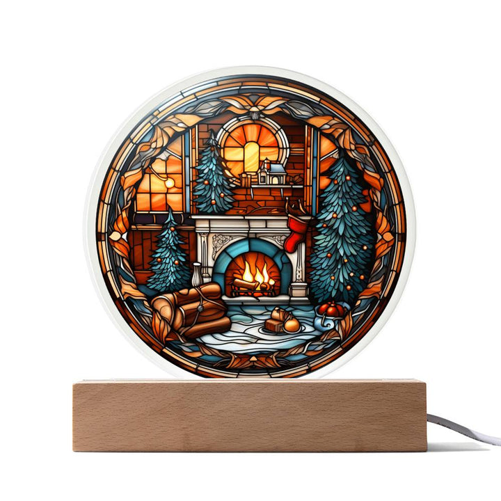 Xmas Stained glass-like painting with fireplace, thanksgiving, gift ideas