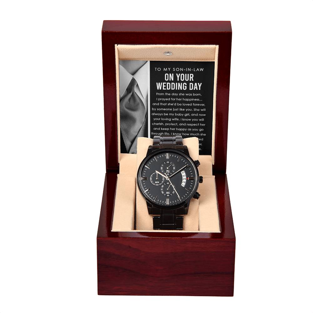 To My Son-in-Law-Hold Her Hand-Metal Chronograph Watch Black Chronograph Watch with Mahogany Style Luxury Box with Message card