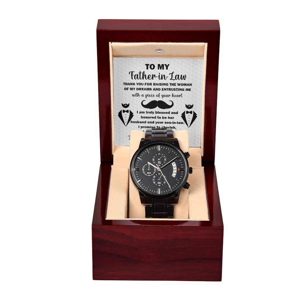 Father-in-Law-Thank You For-Metal Chronograph Watch Black Chronograph Watch with Mahogany Style Luxury Box with Message card