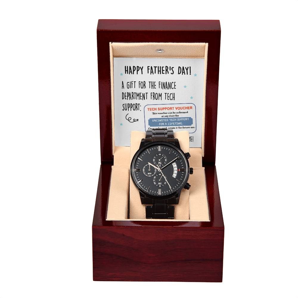 Dad-Tech Support Voucher-Metal Chronograph Watch Black Chronograph Watch with Mahogany Style Luxury Box with Message card