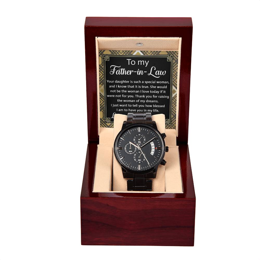 Father-In-Law-For You-Metal Chronograph Watch Black Chronograph Watch with Mahogany Style Luxury Box with Message card