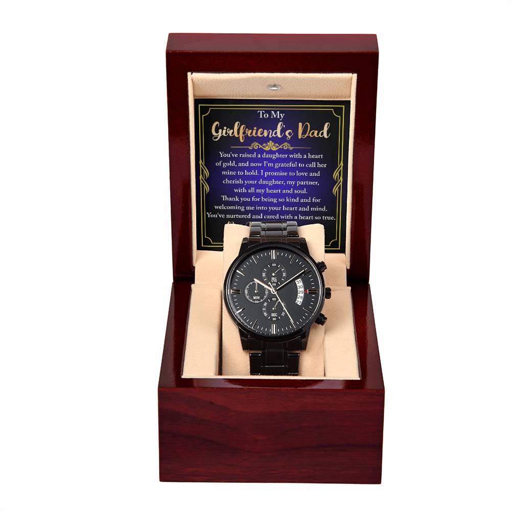 Girlfriend_s Dad-Heart Of Gold-Metal Chronograph Watch Black Chronograph Watch with Mahogany Style Luxury Box with Message card