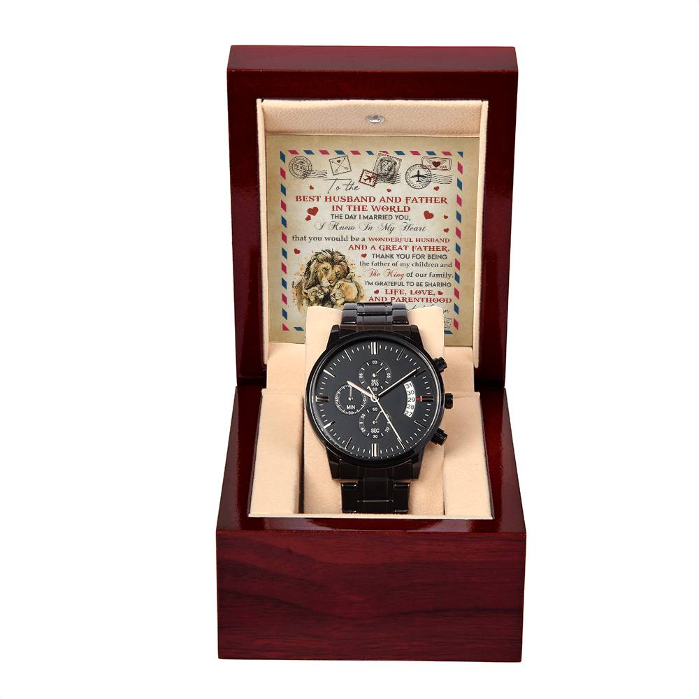 Husband-Great Father-Metal Chronograph Watch Black Chronograph Watch with Mahogany Style Luxury Box with Message card