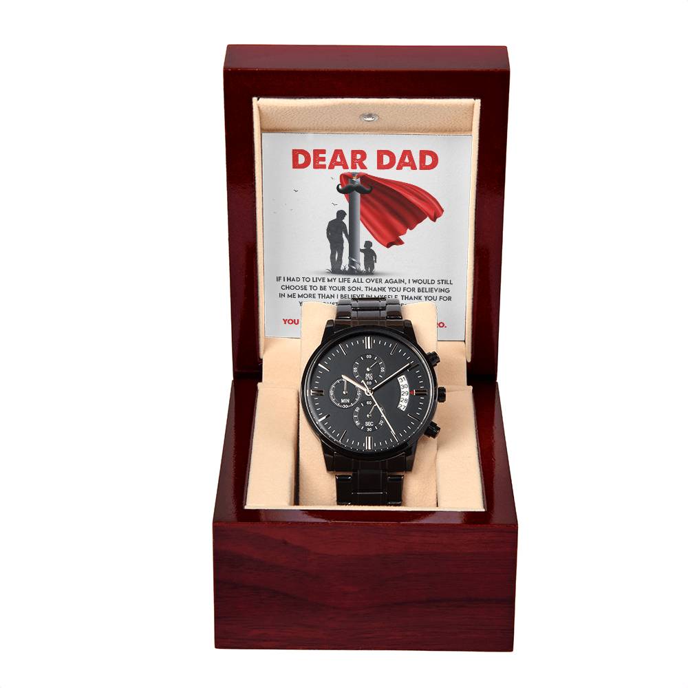 Dad-My Greatest Hero-Metal Chronograph Watch Black Chronograph Watch with Mahogany Style Luxury Box with Message card
