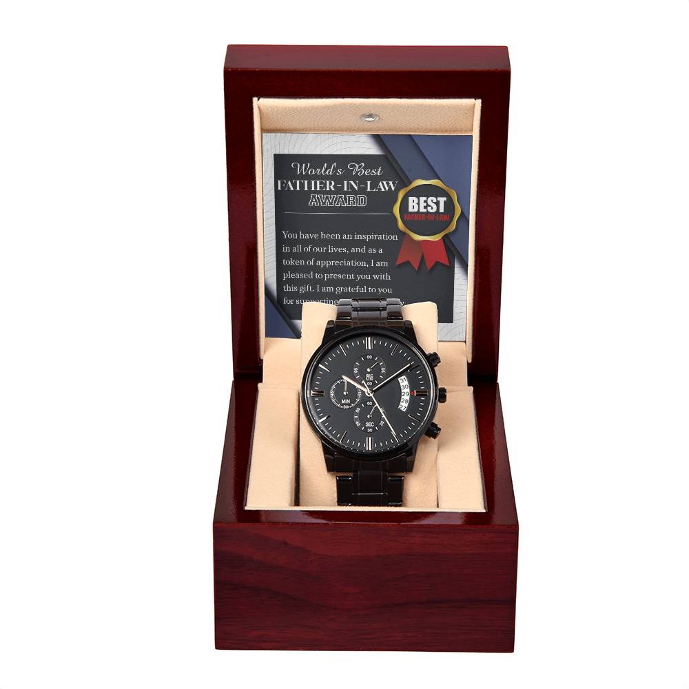 Father-in-Law-The World Award-Metal Chronograph Watch Black Chronograph Watch with Mahogany Style Luxury Box with Message card