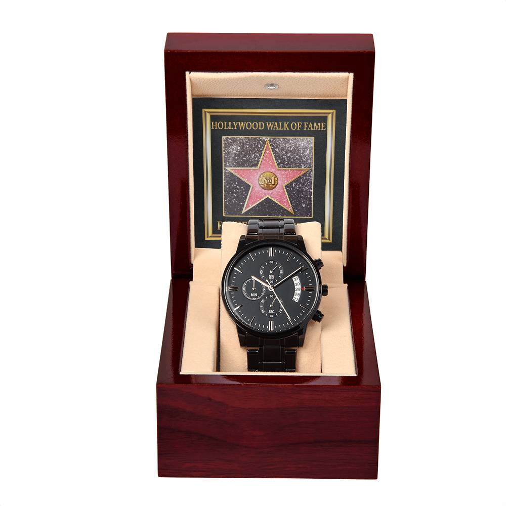 Father-Walk Of Fame-Metal Chronograph Watch Black Chronograph Watch with Mahogany Style Luxury Box with Message card