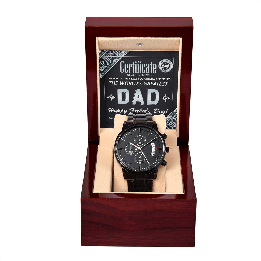 Dad-Certificate Of Achievement- The World's Greatest Dad - Metal Chronograph Watch Black Chronograph Watch with Mahogany Style Luxury Box with Message card