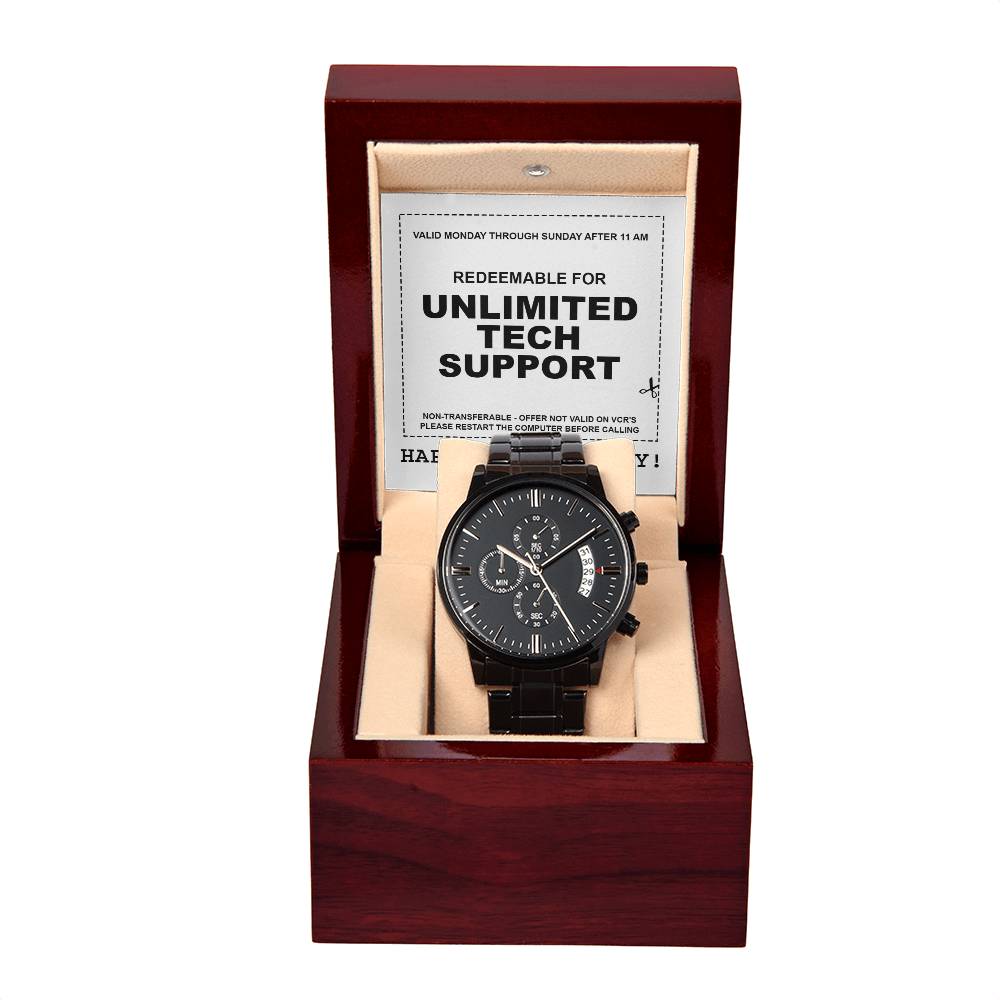 Dad-Tech Support-Metal Chronograph Watch Black Chronograph Watch with Mahogany Style Luxury Box with Message card