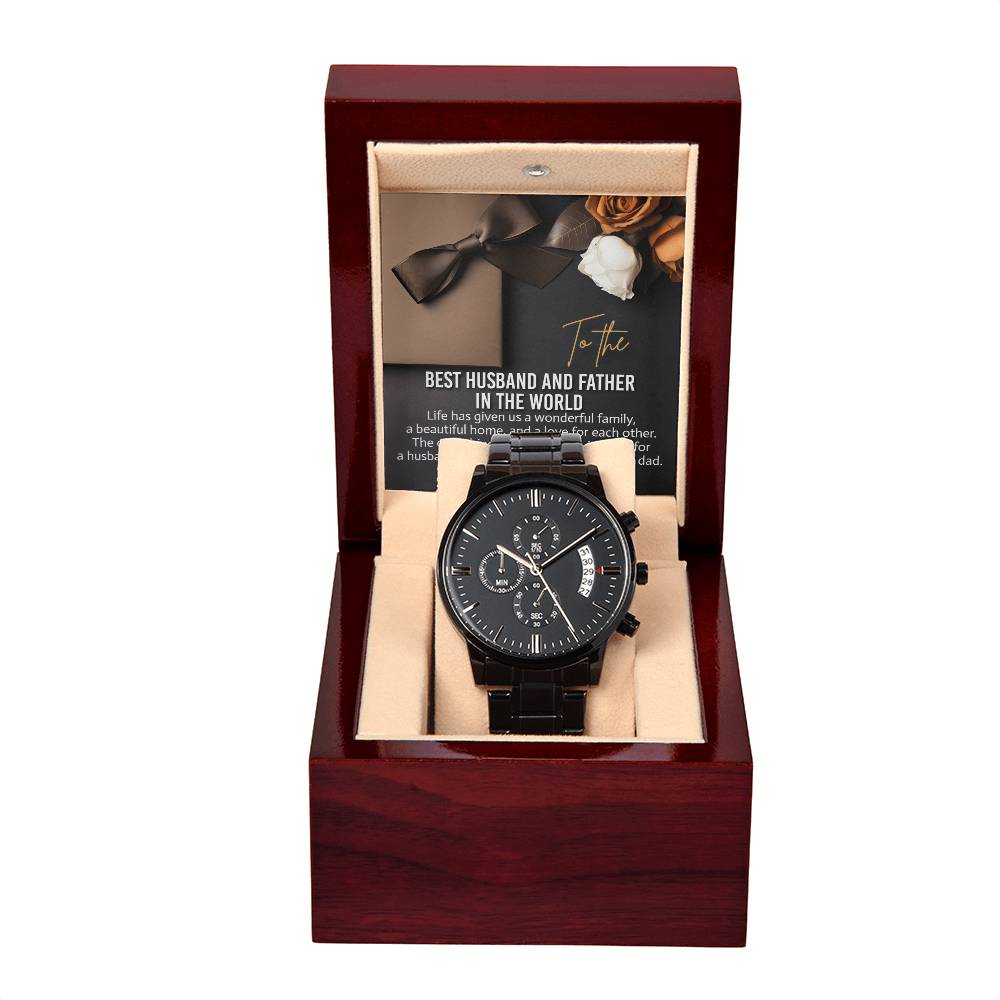 Husband-For Each Other-Metal Chronograph Watch Black Chronograph Watch with Mahogany Style Luxury Box with Message card