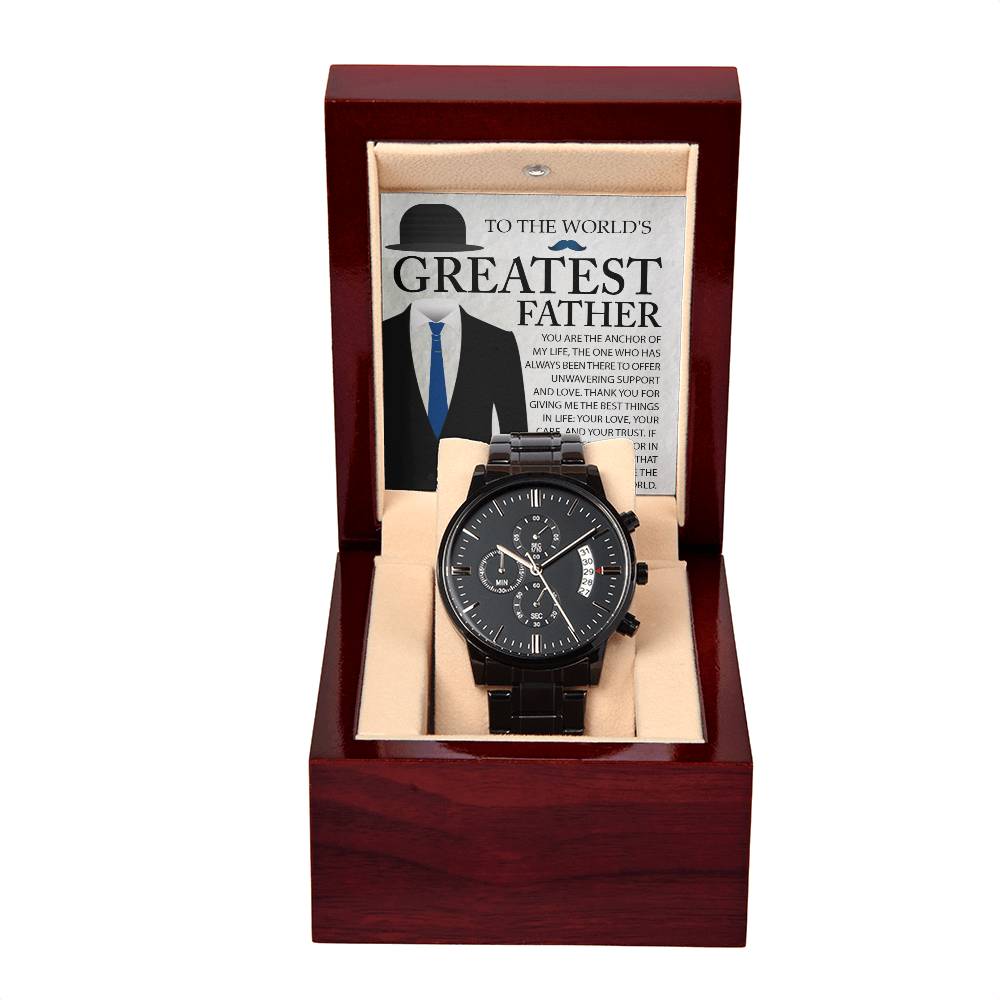 Dad-The Anchor-Metal Chronograph Watch Black Chronograph Watch with Mahogany Style Luxury Box with Message card