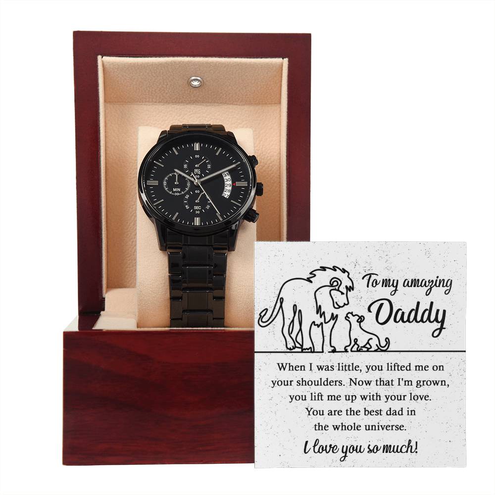 Dad-On Your Shoulders-Metal Chronograph Watch Black Chronograph Watch with Mahogany Style Luxury Box with Message card