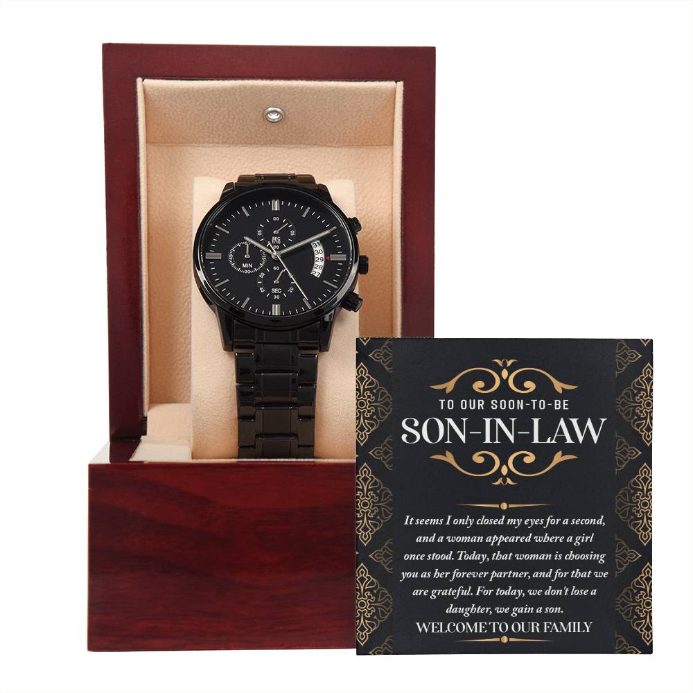 To My Son-in-law-Her Forever Partner-Metal Chronograph Watch Black Chronograph Watch with Mahogany Style Luxury Box with Message card