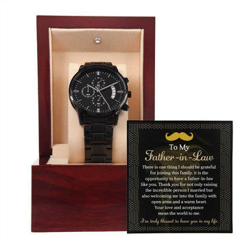 Father-in-Law-Truly Blessed 2-Metal Chronograph Watch Black Chronograph Watch with Mahogany Style Luxury Box with Message card