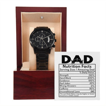 Dad-Nutrition Facts-Metal Chronograph Watch Black Chronograph Watch with Mahogany Style Luxury Box with Message card