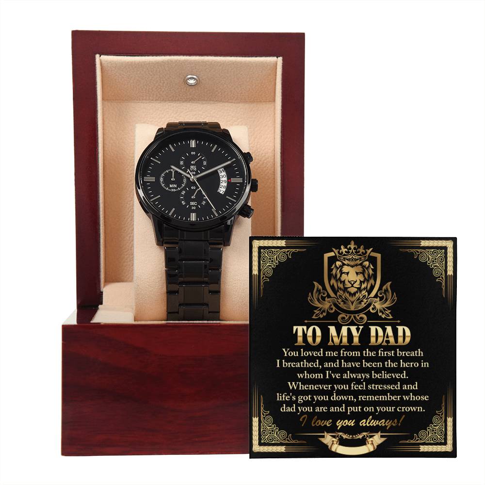 Dad-On Your Crown-Metal Chronograph Watch Black Chronograph Watch with Mahogany Style Luxury Box with Message card