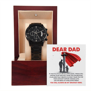 Dad-My Greatest Hero-Metal Chronograph Watch Black Chronograph Watch with Mahogany Style Luxury Box with Message card