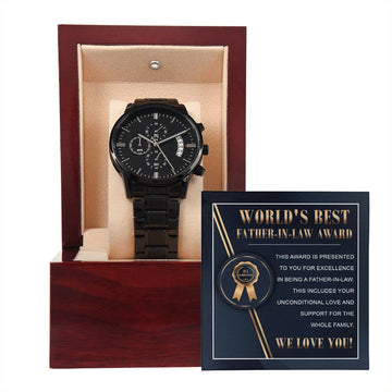 Father-in-Law-Unconditional Love-Metal Chronograph Watch Black Chronograph Watch with Mahogany Style Luxury Box with Message card