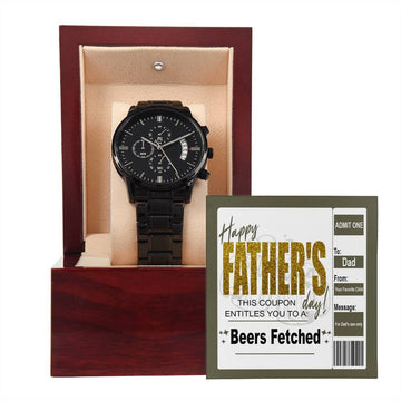 Dad-Beers Fetched-Metal Chronograph Watch Black Chronograph Watch with Mahogany Style Luxury Box with Message card