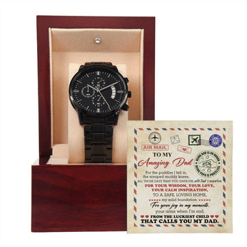 Dad-The Luckiest Child-Metal Chronograph Watch Black Chronograph Watch with Mahogany Style Luxury Box with Message card