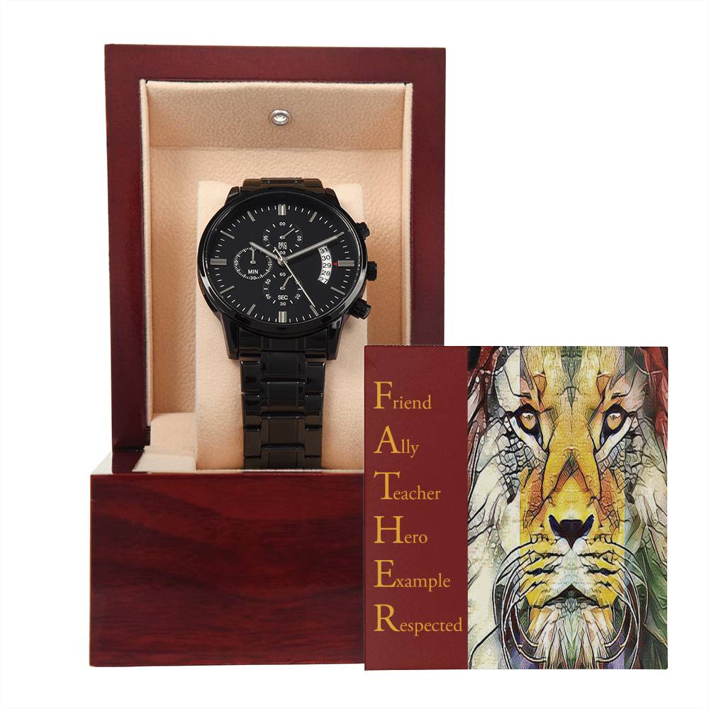 Dad-Respected-Metal Chronograph Watch Black Chronograph Watch with Mahogany Style Luxury Box with Message card