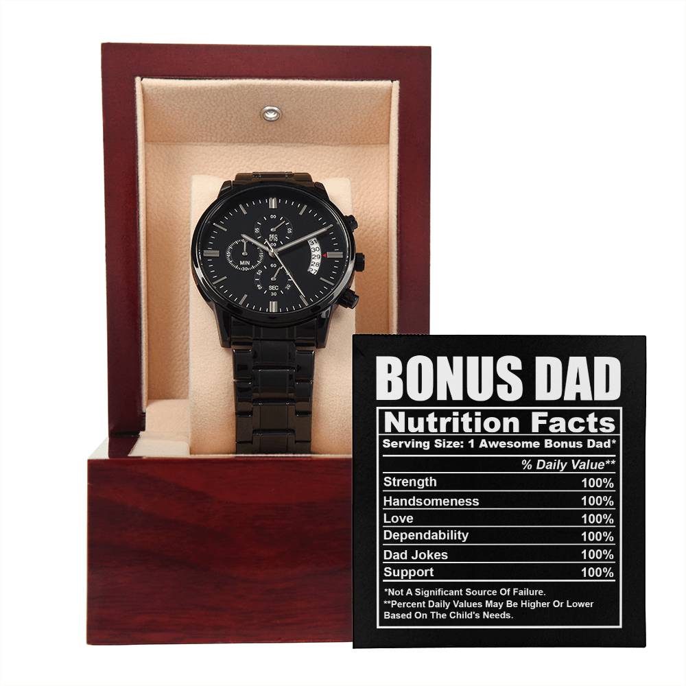 Bonus Dad-Nutrition Facts-Metal Chronograph Watch Black Chronograph Watch with Mahogany Style Luxury Box with Message card