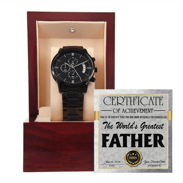 Dad-World_s Greatest Father-Metal Chronograph Watch Black Chronograph Watch with Mahogany Style Luxury Box with Message card