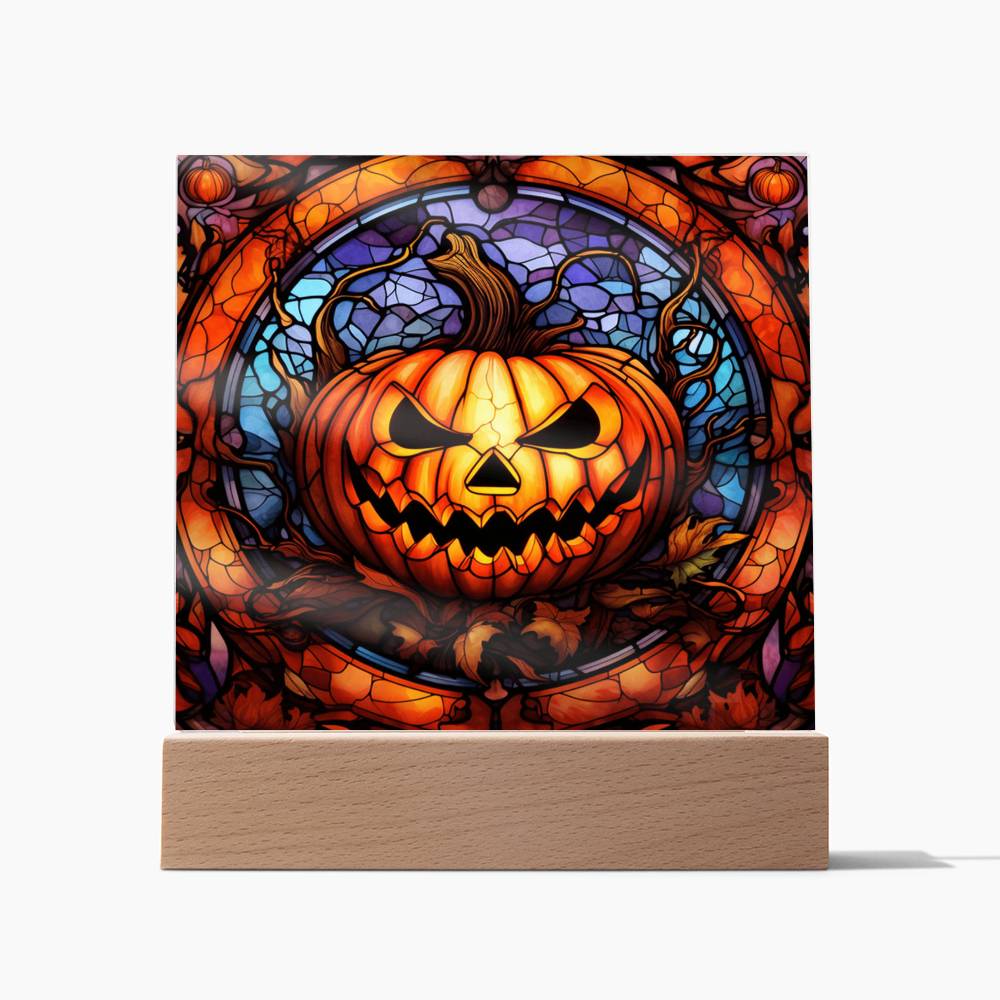 3D Lifelike Vibrant Halloween Painting of a Grinning Pumpkin Man Carrying a Lighted Pumpkin Lamp on Acrylic Deco with LED Lights