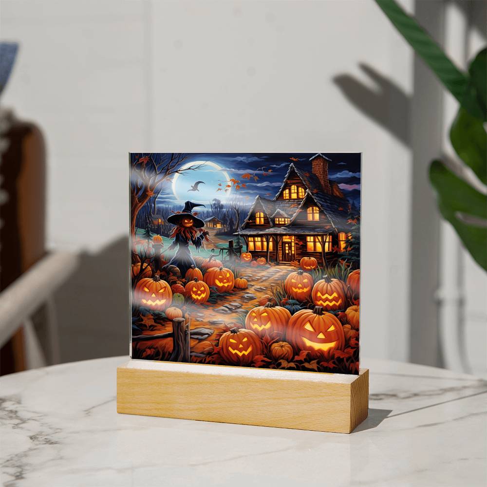 3D Lifelike Vibrant Halloween Painting of Lighted Pumpkins and Witch-Like Scarecrow on Acrylic Deco with LED Lights
