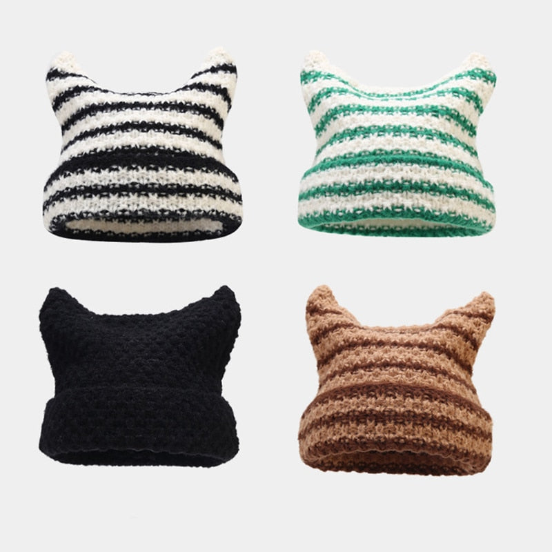 The Striped Knitted Beanie is a fun and stylish accessory perfect for a variety of occasions